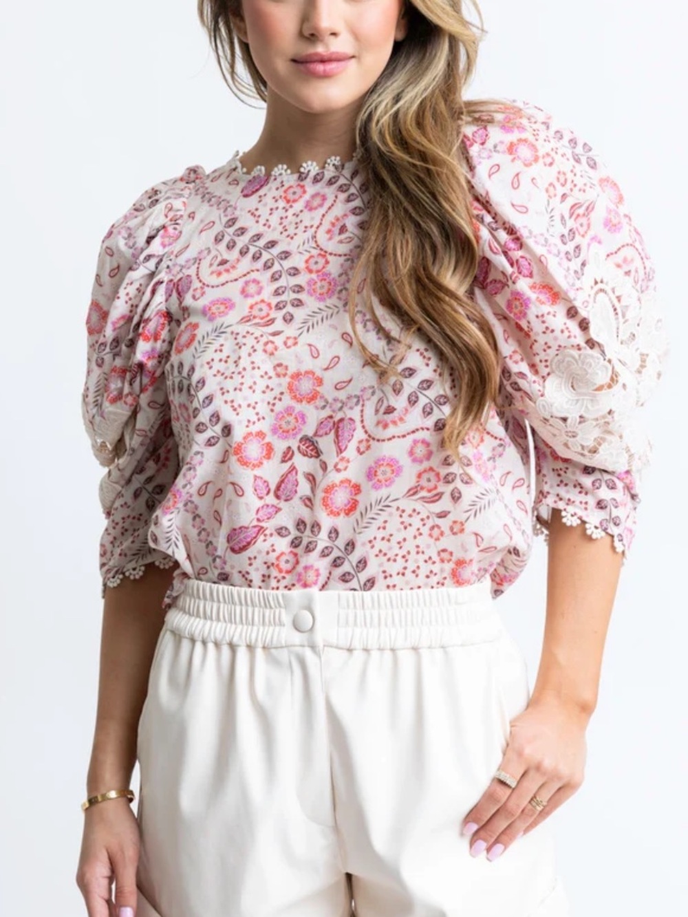 KARLIE WOMENS PARIS FLORAL CROCHET TRIM TOP BLOUSE PINK LARGE